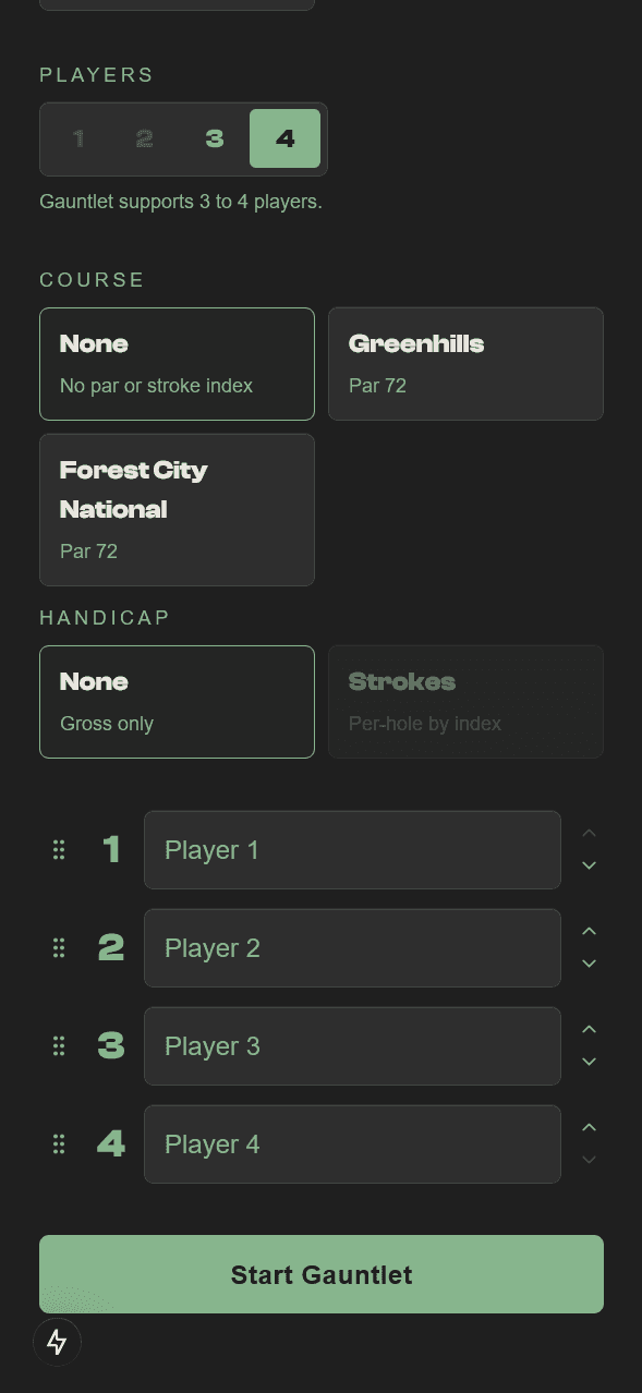 Screenshot of the main setup screen for a round of golf, showing player names, handicaps, and game formats