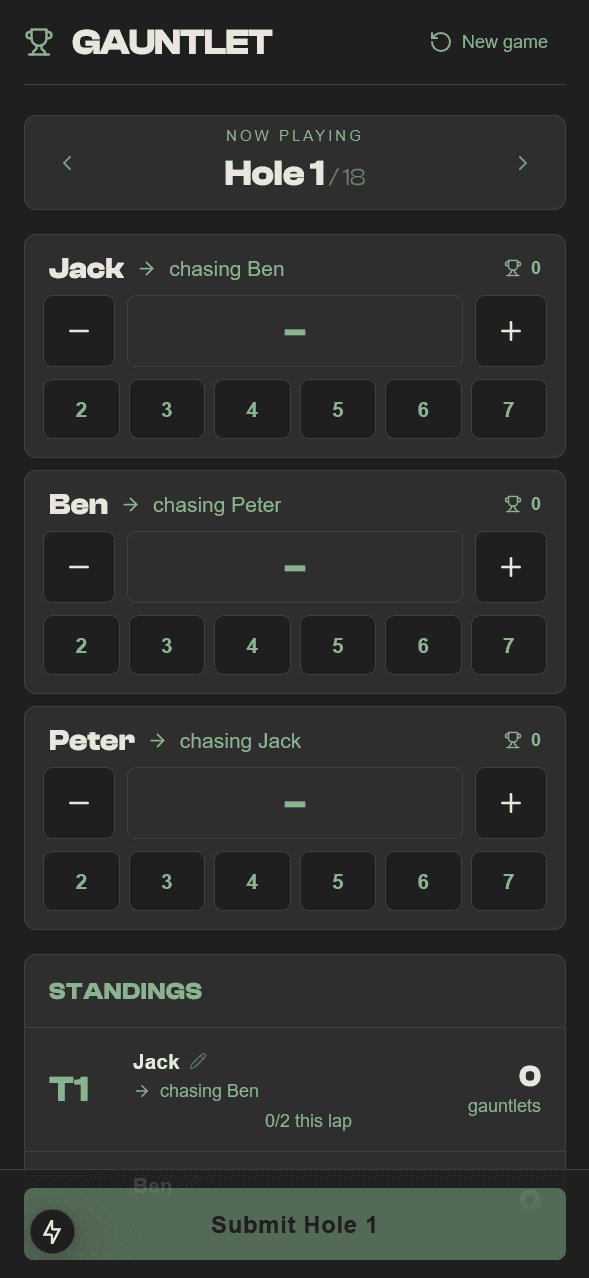Screenshot of the scoring screen for a round of golf, showing player scores and game formats in a single view for easy score entry